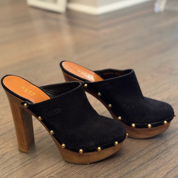 Gucci Black Suede Mules with Gold Accents - Picture 4 of 6